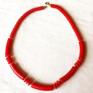 Vintage 80s Red Beaded Necklace Boho Statement 18” Plastic Estate